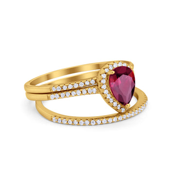 Teardrop Pear Wedding Three Piece Ring Yellow Tone, Simulated Ruby CZ 925 Sterling Silver